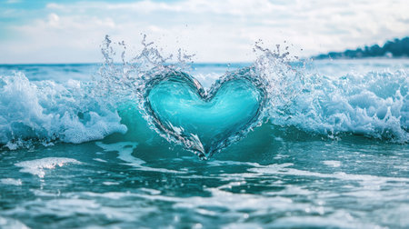 A heart-shaped wave in the calm blue sea, evoking feelings of love and romance in a serene and picturesque ocean setting.の素材