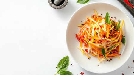 Papaya salad beautifully presented on a white plate, accompanied by a mortar and pestle for props, on a white background with space for promotional text.の素材