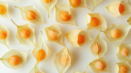 Physalis berries arranged in a pattern, with a focus on their golden hues and distinctive husks, perfect for culinary or food ingredient visuals.の素材