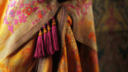 A traditional Indian dupatta with elaborate embroidery and tassels, artistically displayed against a contrasting background to highlight its beauty.の素材