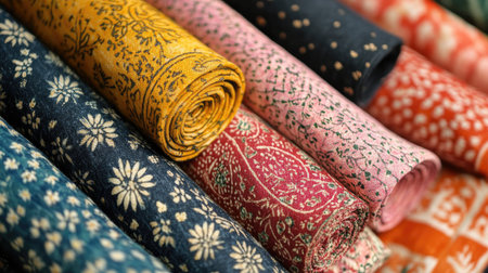 A collection of traditional Indian block-printed fabrics, showcasing the unique patterns and vibrant colors that make them stand out.の素材