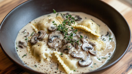 Hearty Italian ravioli in a creamy mushroom sauce, topped with herbs and ground pepper, ideal for showcasing winter recipes and comforting dishes.の素材