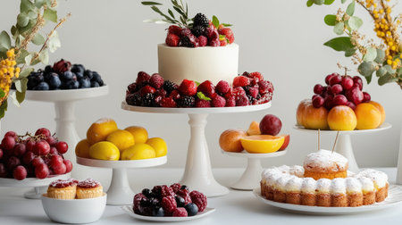 A minimalist table setting featuring an elegant display of assorted fruits, pastries, and cakes, presented with charming simplicity and stylish appeal.の素材