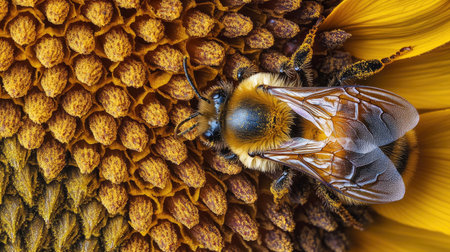 An extreme close-up of a honeybee on a sunflower, showing the intricate veins of its wings and the detailed texture of the sunflowercenter and petals.の素材