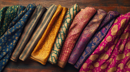A spread of vibrant traditional Indian fabrics, showcasing rich textures and detailed patterns, laid out beautifully on a wooden surface.の素材