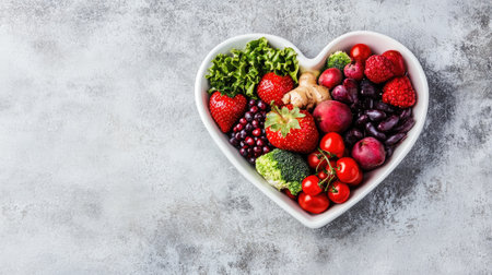 Nutritional food for heart health, arranged in a heart-shaped dish, emphasizing a cholesterol-friendly diet with fruits and vegetables, with space for text.の素材