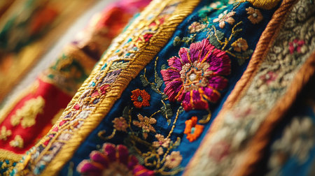 A close-up of traditional Indian fabric with intricate embroidery, vibrant colors, and shimmering threads, capturing the beauty and craftsmanship of the design.の素材