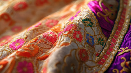 A close-up of traditional Indian fabric with intricate embroidery, vibrant colors, and shimmering threads, capturing the beauty and craftsmanship of the design.の素材
