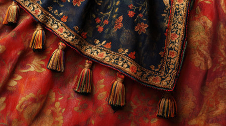 A traditional Indian dupatta with elaborate embroidery and tassels, artistically displayed against a contrasting background to highlight its beauty.の素材