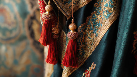 A traditional Indian dupatta with elaborate embroidery and tassels, artistically displayed against a contrasting background to highlight its beauty.の素材