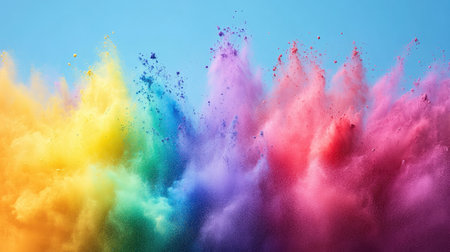 A powerful explosion of rainbow-colored powder splashing against a solid color background, celebrating pride and diversity in a striking visual.の素材