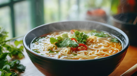 A steaming bowl of delicious noodle soup, garnished with fresh herbs and spices, ideal for a cozy meal at the start of the month, presented on a clean table.の素材