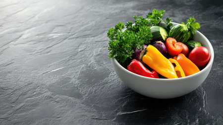 A bowl of colorful vegetables sits on a sleek black countertop, with a sprig of parsley adding a fresh and inviting touch to the display.の素材