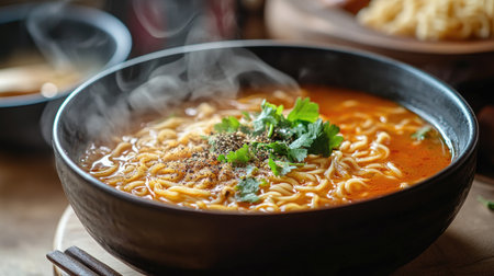 A steaming bowl of delicious noodle soup, garnished with fresh herbs and spices, ideal for a cozy meal at the start of the month, presented on a clean table.の素材