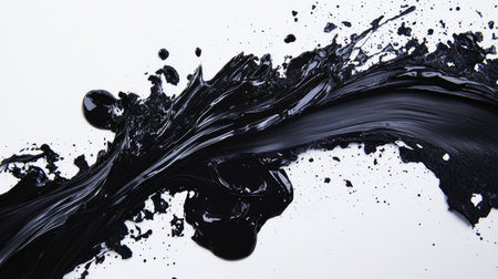 A bold splash of black paint created with a brush on a white background, creating a dramatic contrast and a visually striking abstract design.の素材