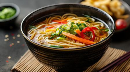 A beautifully presented bowl of noodle soup, ideal for highlighting a monthly menu special, with fresh, wholesome ingredients.の素材
