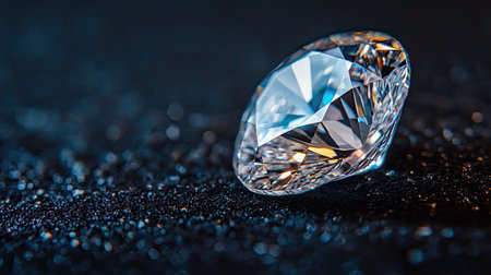 Close-up of a diamond with light reflecting off its facets, creating a mesmerizing sparkle on a black velvet background, symbolizing luxury and elegance.の素材