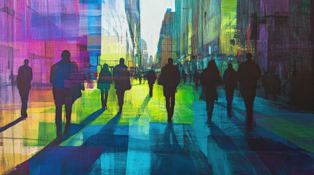 Experience a vibrant urban cityscape where silhouetted figures journey through a bustling street at dusk, surrounded by abstract colors and dynamic textures.の素材