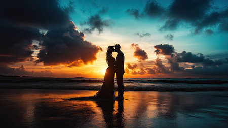 A stunning silhouette of a couple embracing on the beach during a vibrant sunset, capturing a moment of love, connection, and tranquility against a beautiful landscape.の素材