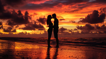 A captivating silhouette of a couple embracing on the beach during a vibrant sunset, creating a romantic scene filled with warmth and serenity.の素材