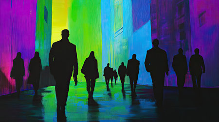 Dynamic silhouettes of people walking in a vibrant urban alley, illuminated by neon lights. This colorful artwork creates a dreamlike atmosphere, ideal for creative projects.の素材