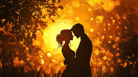 A beautiful silhouette of a couple embracing at sunset, surrounded by a dreamy bokeh effect. This image captures the essence of love, intimacy, and romance in a serene natural setting.の素材