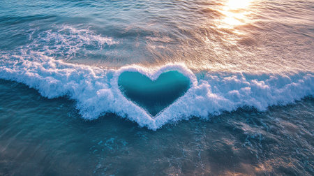 A romantic and beautiful heart-shaped wave in the light blue sea, capturing the essence of love and nature in a serene ocean scene.の素材