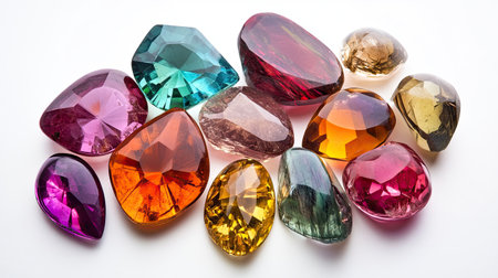 A set of polished gemstones in various shapes and sizes, their vibrant hues and clarity making them appear both precious and irresistibly alluring.の素材