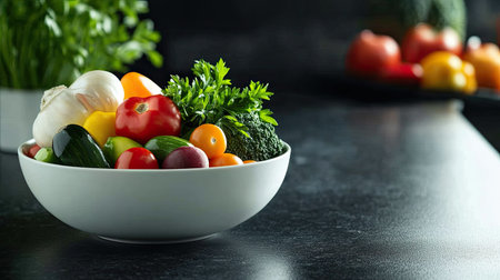 A bowl of colorful vegetables sits on a sleek black countertop, with a sprig of parsley adding a fresh and inviting touch to the display.の素材