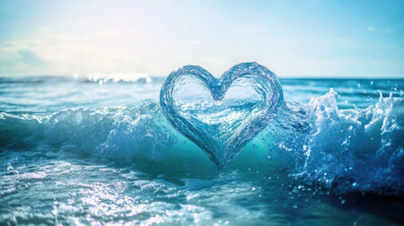 A light blue sea with a perfectly shaped heart wave, symbolizing romance and the beauty of the ocean, perfect for a dreamy and serene atmosphere.の素材