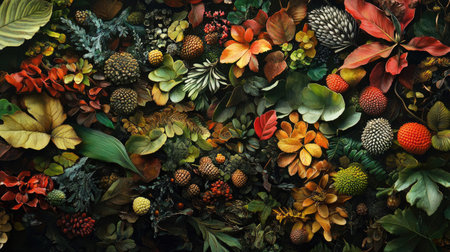 A detailed view of the forest floor, featuring diverse plants, leaves, and textures, offering a close-up perspective of nature's beauty.の素材