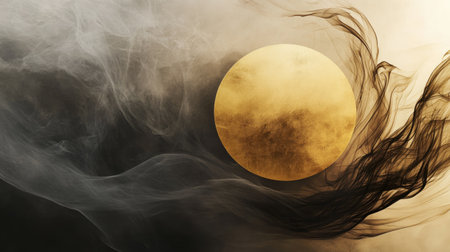 A captivating image featuring a golden sun surrounded by swirling smoke and clouds, creating an atmospheric and mystical effect with a serene and dreamy quality.の素材
