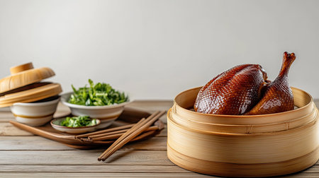 A beautifully arranged roast duck sits in a bamboo steamer, accompanied by fresh herbs and side dishes, showcasing an appetizing and authentic culinary experience.の素材