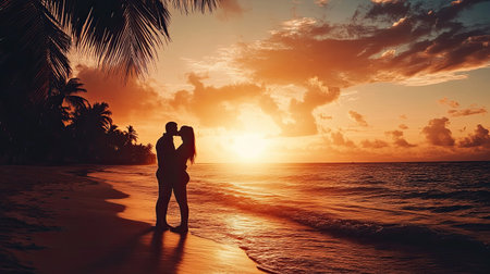 A captivating silhouette of a couple embracing on a tranquil beach during a stunning sunset, framed by palm trees, reflecting warmth and intimacy in a tropical setting.の素材