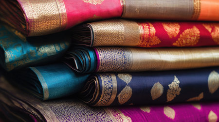 A stack of traditional Indian sarees in various colors and patterns, each one displaying exquisite detail and artistry, elegantly draped on a fabric stand.の素材