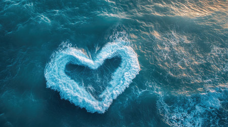 A serene light blue sea with a wave forming the shape of a heart, creating a romantic and dreamy scene perfect for love-themed visuals.の素材