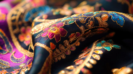 A close-up of traditional Indian fabric with intricate embroidery, vibrant colors, and shimmering threads, capturing the beauty and craftsmanship of the design.の素材