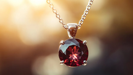 An alluring gemstone pendant resting on a silver chain, the gem catching light and displaying its deep, rich color against a soft, blurred background.の素材