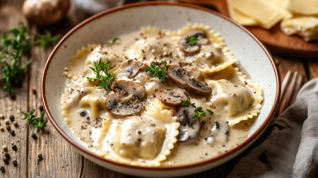 Italian winter dish of ravioli in a creamy mushroom sauce, garnished with herbs and pepper, perfect for promoting hearty and comforting seasonal recipes.の素材