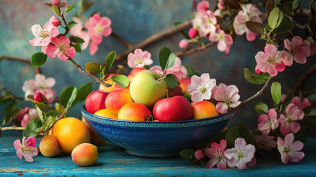 A bowl of colorful fruits, resting on a blue base and surrounded by pink blossoms and green foliage, perfect for showcasing freshness and natural beauty.の素材