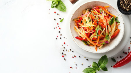 A colorful papaya salad on a white plate, with a mortar and pestle as props, set against a white background with advertising space available.の素材