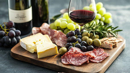 A delicious antipasto spread with cheese, meat, grapes, and olives, beautifully arranged on a wooden board with red wine, ideal for food and wine promotions.の素材