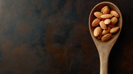 A rustic wooden spoon filled with almonds, set against a dark brown background, highlighting the simplicity and natural beauty of the ingredients.の素材
