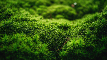 Close-up of lush green moss forming a rich botanical background, offering a tranquil and earthy setting with space for textの素材