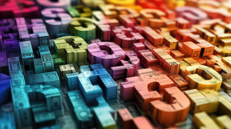 A vibrant array of multicolored currency symbols, representing global finance, economic diversity, and the interconnectedness of international markets.の素材