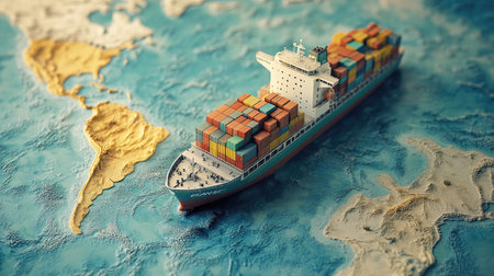 Model of a container ship placed on a world map, symbolizing transcontinental transportation and globalization, with ample space for text or branding.の素材