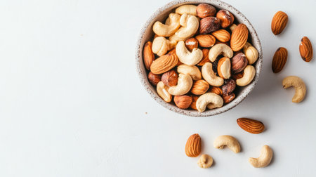 A white table showcases a bowl of mixed nuts, with a handful of cashews spilled beside it, emphasizing the natural and nutritious qualities of these snacks.の素材