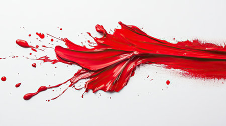 A striking red paint splash on a white background, captured in mid-brushstroke, creating an intense and colorful abstract visual.の素材