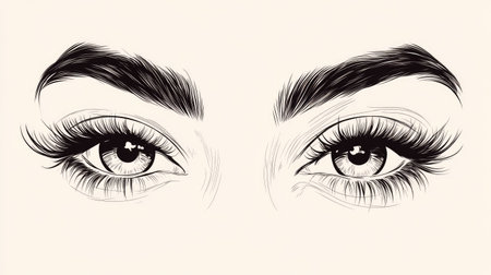 A vector image featuring sexy, hand-drawn female eyes with precise brows and lush, curled lashes, perfect for a beauty business card or hair salon branding.の素材