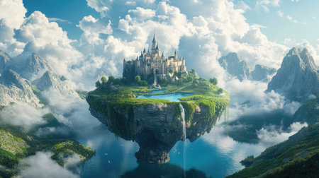 Enchanting castle on a floating island, nestled in a lush landscape with a small lake and fluffy clouds, perfect for fantasy-themed visuals.の素材